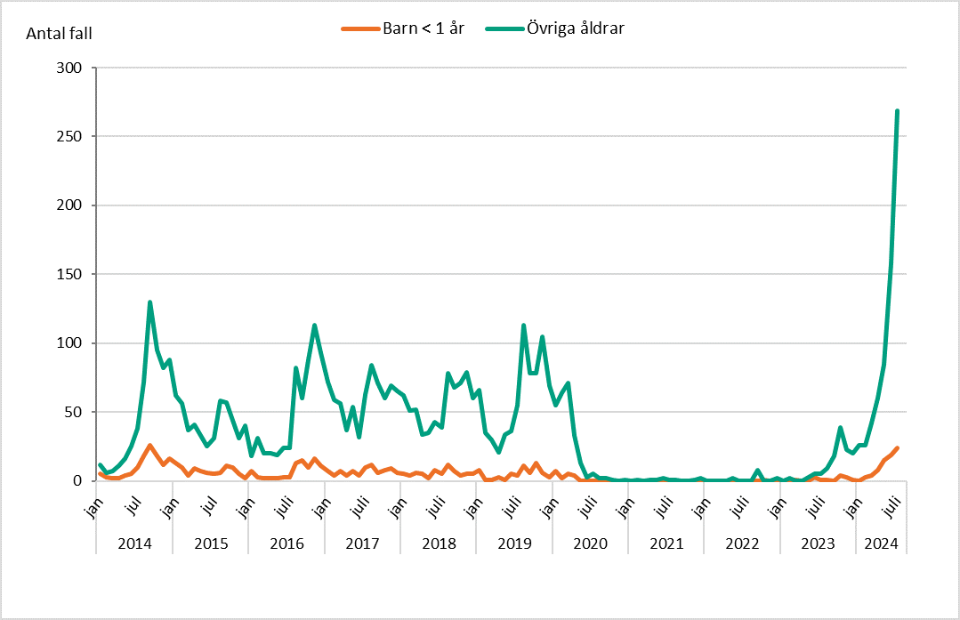 Linjediagram som visar Antalet rapporterade fall av kikhosta per månad uppdelat på barn yngre än 1 år och övriga åldrar under åren 2014–2024.