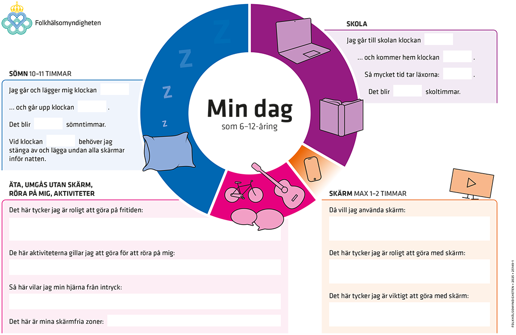 Illustrerat dygnshjul med aktiviteter fördelade.