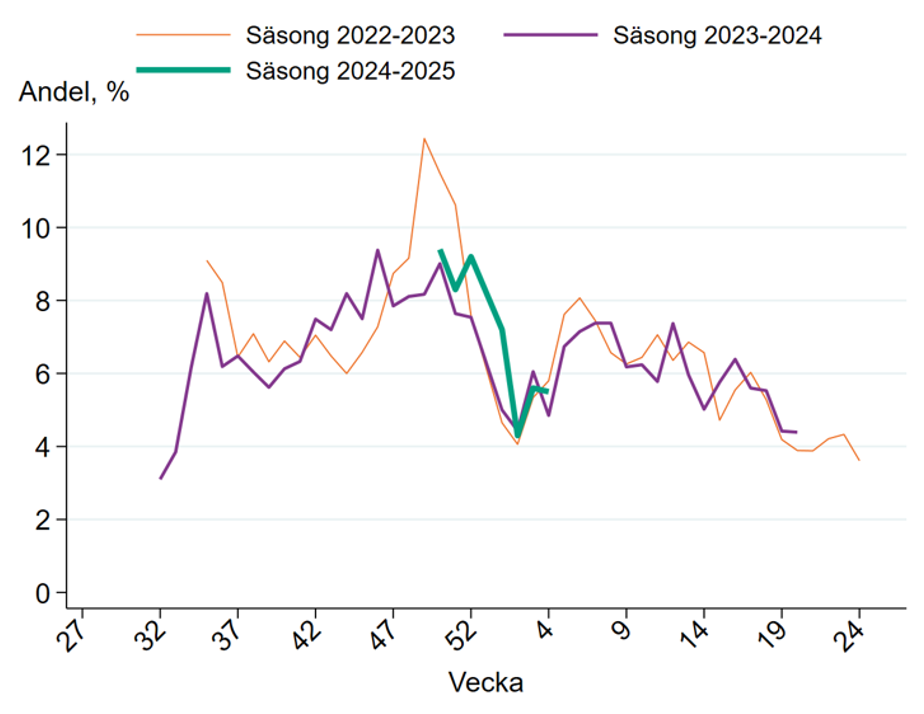 Andelen med akut luftvägsinfektion är oförändrad vecka 4 och ligger på samma nivå som motsvarande period 2023 och 2024.