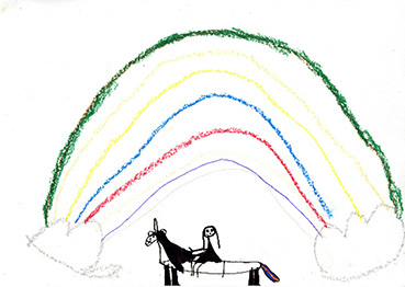 Teckning av en flicka som rider på en enhörning med en regnbåge och moln i bakgrunden.