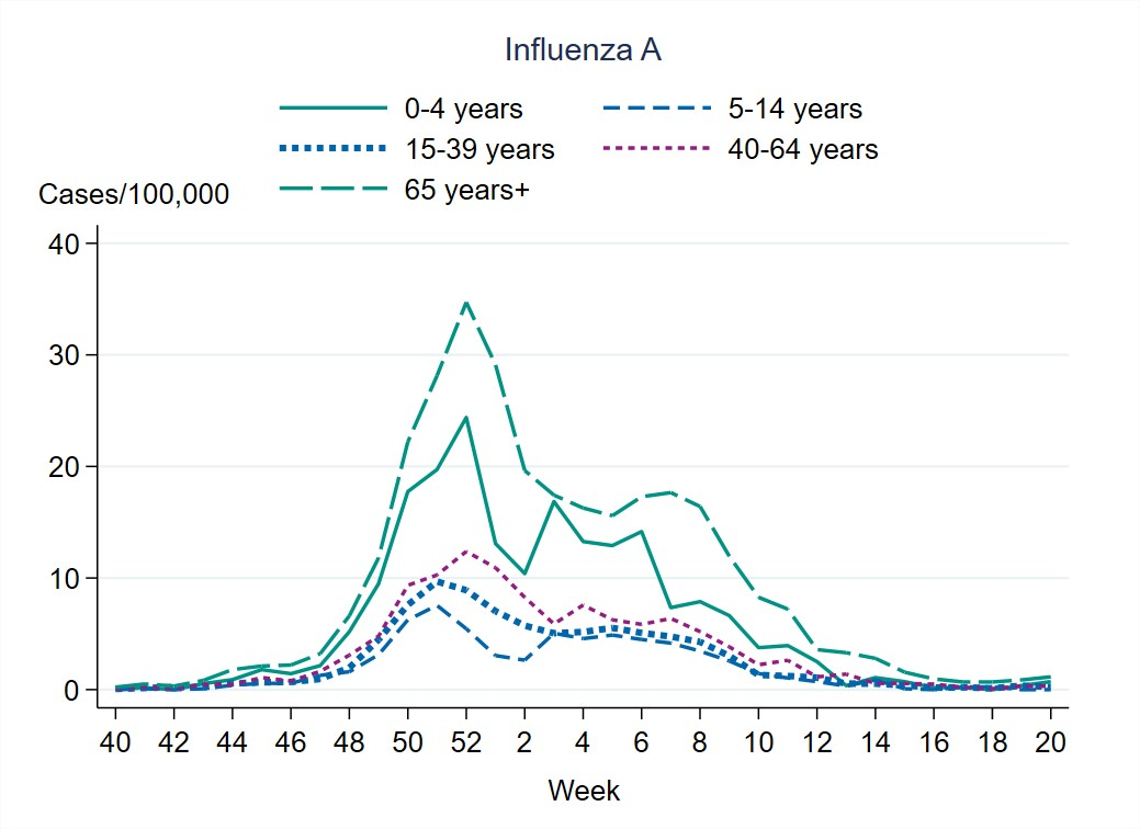 The highest weekly notification was seen among persons aged 65 years and older followed by children aged 0–4 years old. 