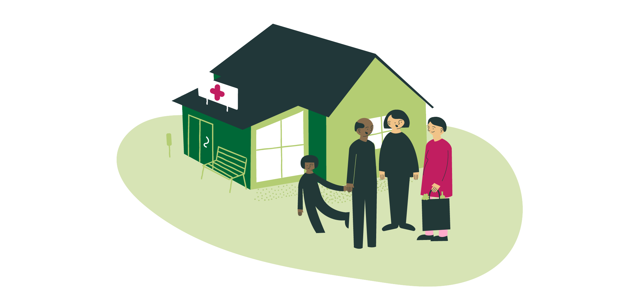 Drawing of house with a red cross and different kinds of people