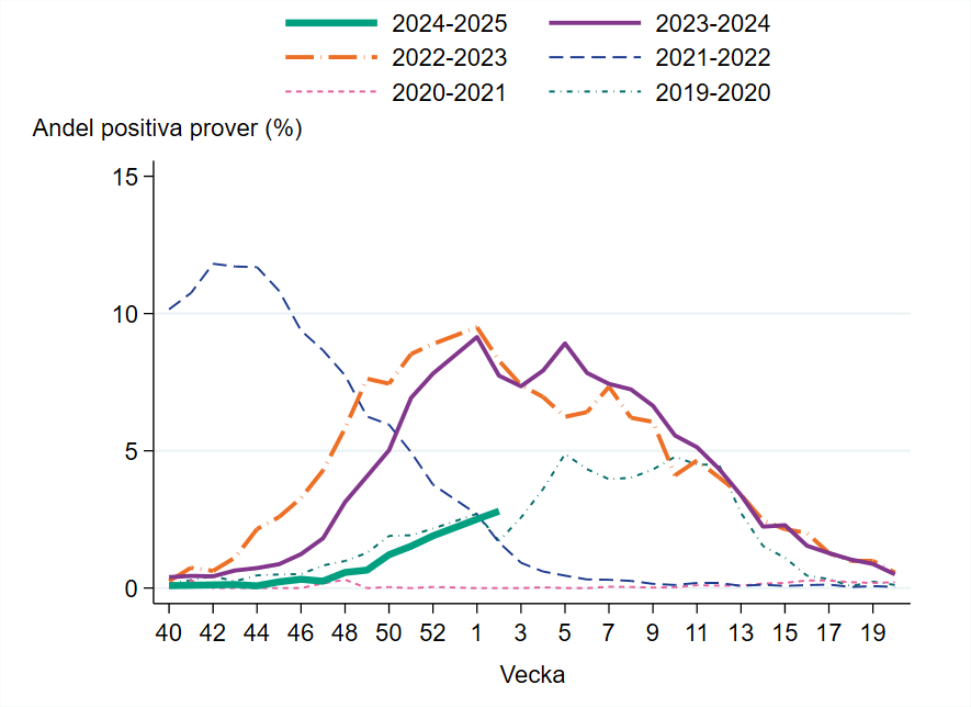 Ökande andel positiva positiva prover sedan vecka 49. Under vecka 2 var cirka 3 procent positiva.